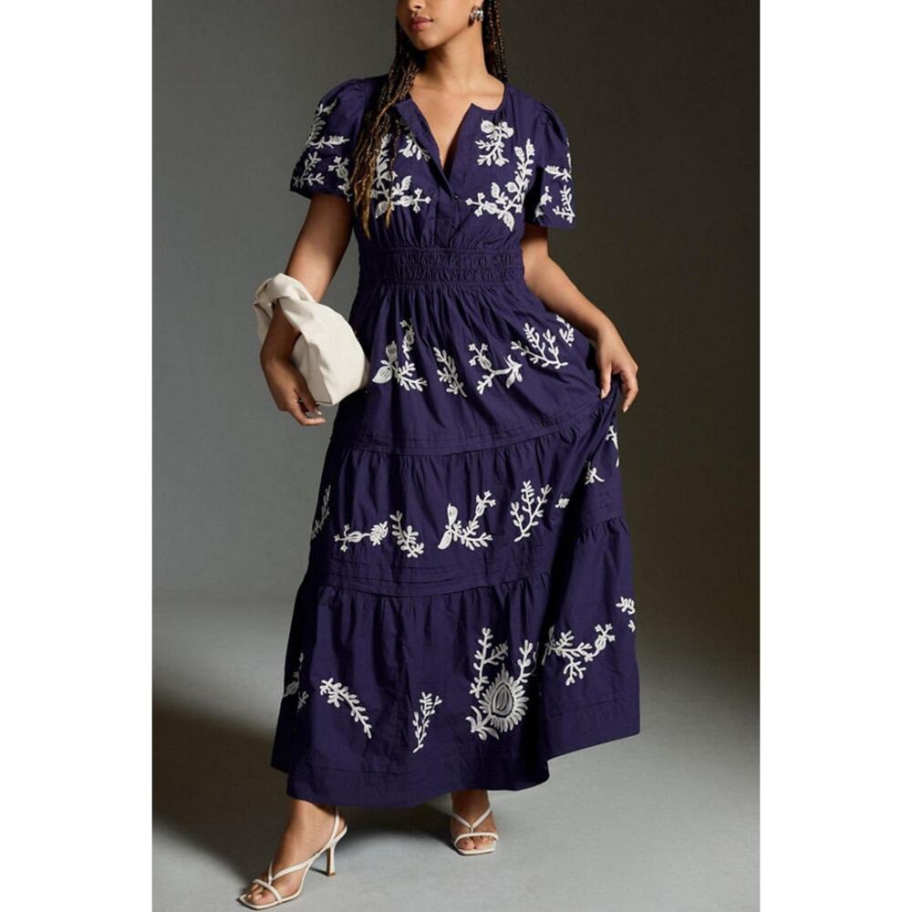 Anthropologie Somerset Blue Embroidered Maxi Dress 1X